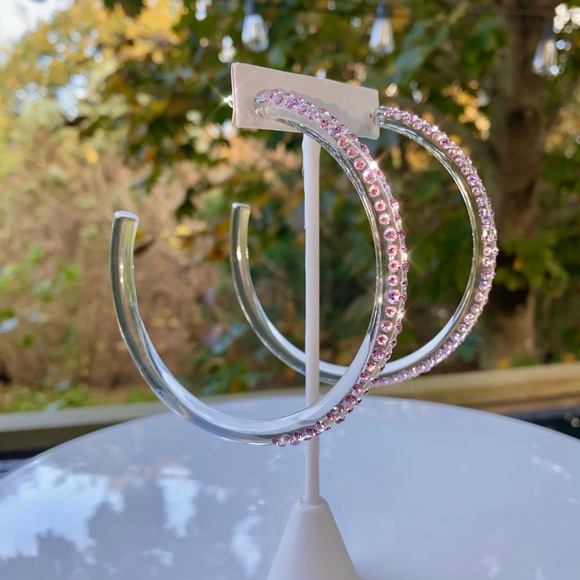 Large Oversized Clear Acrylic Hoop Earrings with Pink Swarovski Crystals - Picture 9 of 14